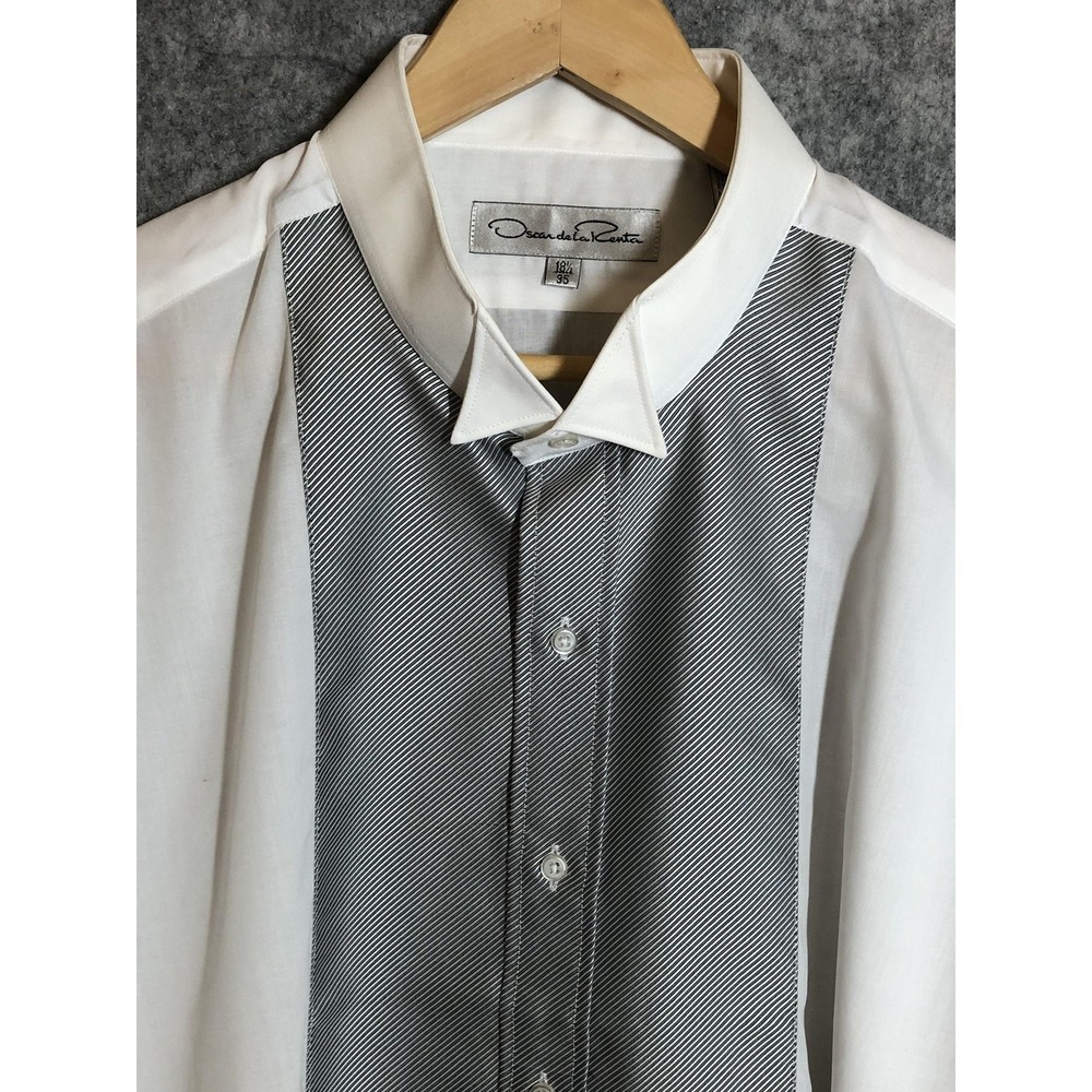 Oscar de la Renta Shirt Mens 18.5 35 White Gray Contrast Bib French Cuff w Studs